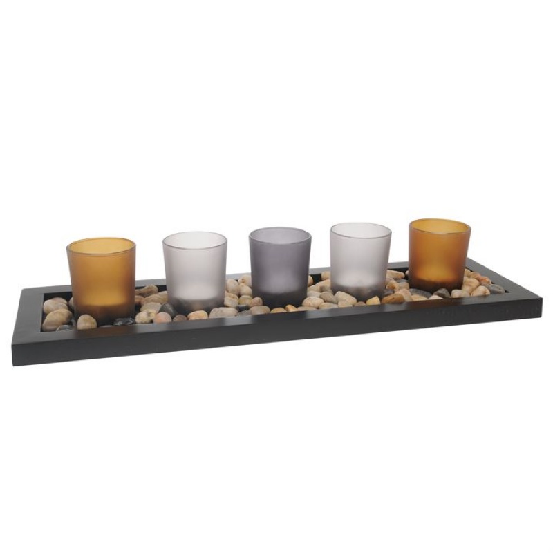 Ahşap Tepsili 5 Li Cam Mumluk (Pilli)